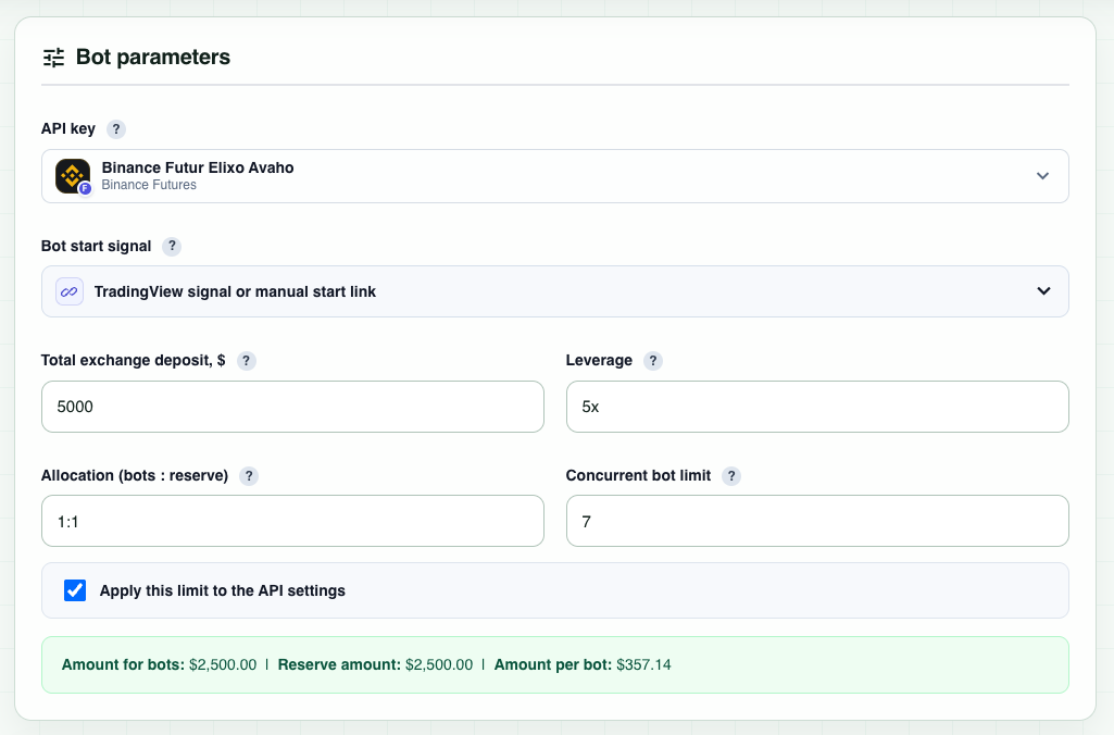 Bot Wizard bot parameters: API key, start signal, deposit, leverage, reserve ratio and concurrent bot limit