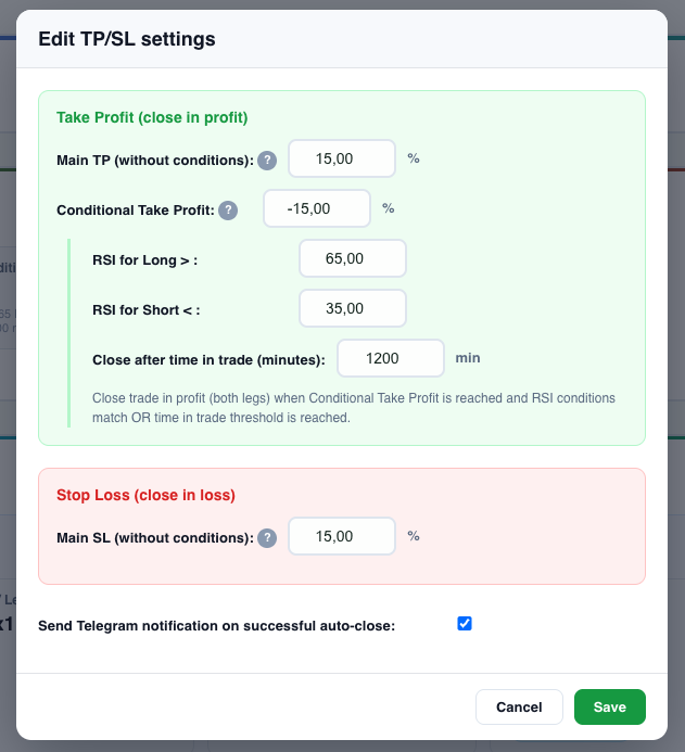 Automated Pair Trading exit settings: take-profit, stop-loss, RSI, and trade duration