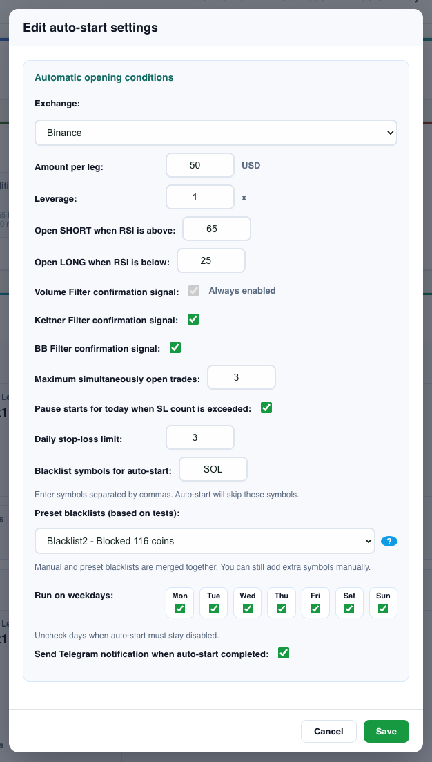 Automated Pair Trading entry settings: exchange, RSI, filters, limits, exclusion list, and trading days